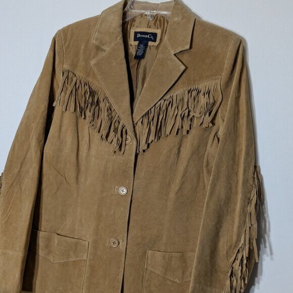 DENIM & CO. Tan Suede Leather Blazer Jacket w Fringe; Size L - Picture 3 of 6